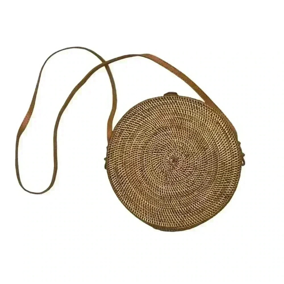 Amerii Luna Round Rattan ATA Crossbody Bag with Leather Strap – 7.75" Diameter - Picture 1 of 3